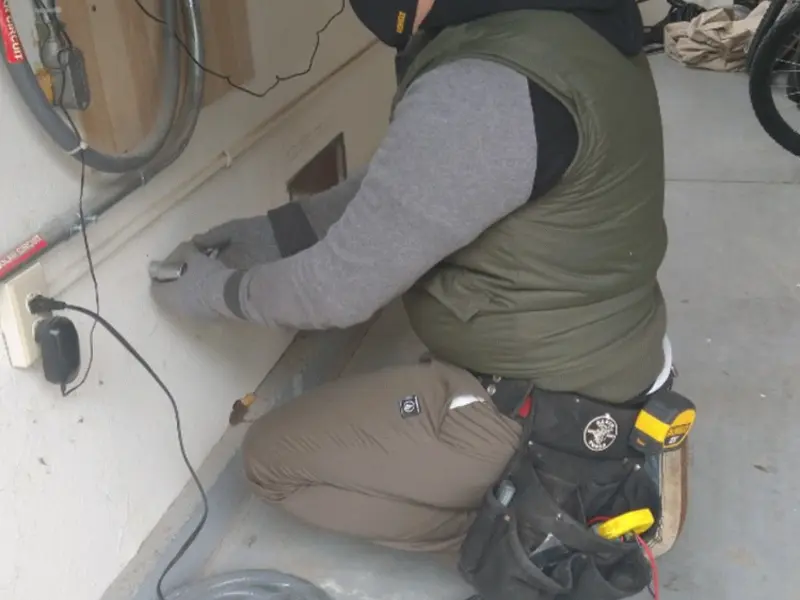 Electrician performing outlet wiring in a Dighton garage
